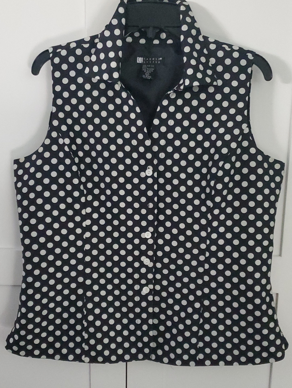 Carole Little Black and White Polka Dot Sleeveless Button-Down Shirt 100% Linen